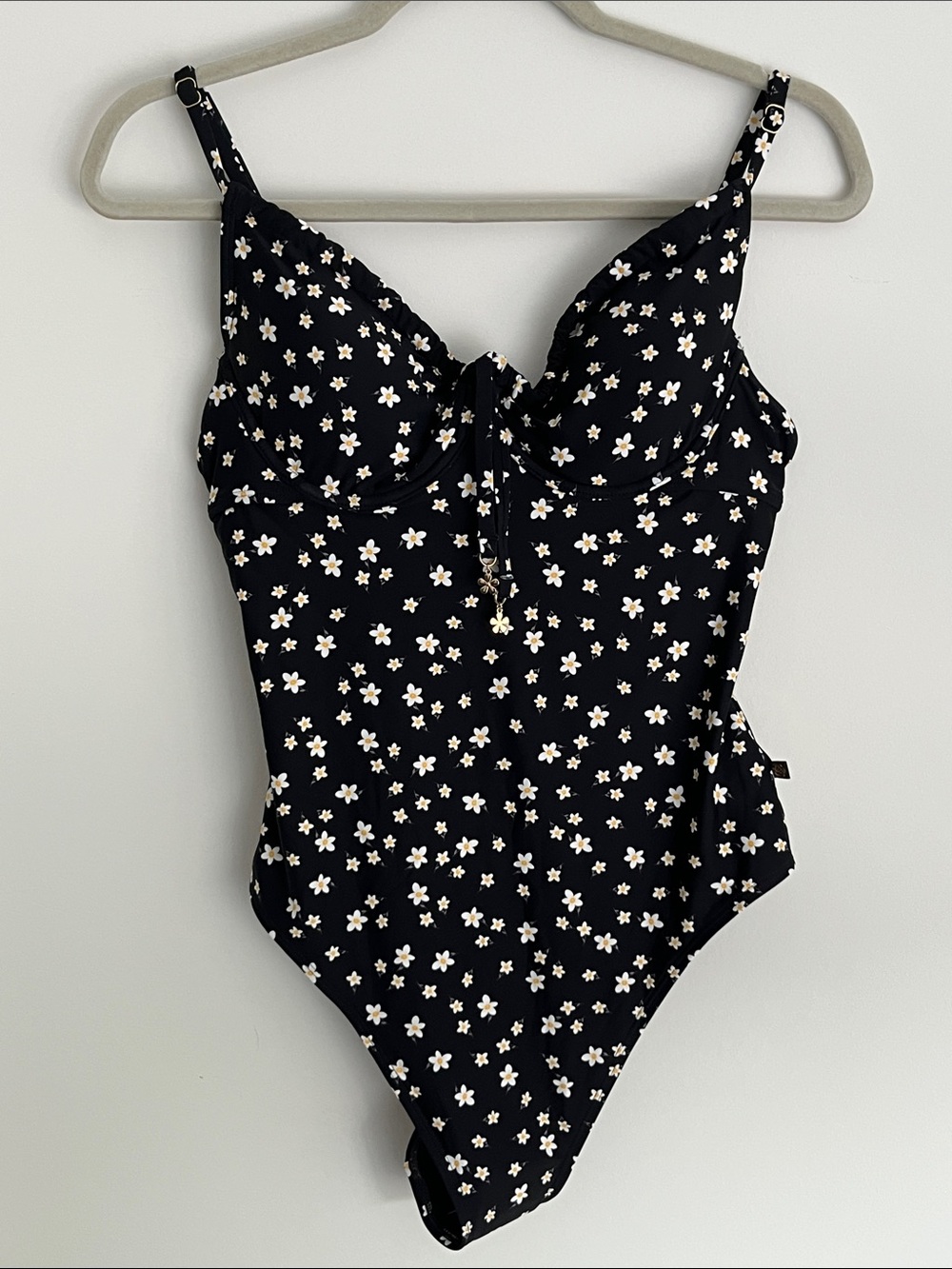 La Vie En Rose Black One-Piece Swimsuit with White Daisy Print